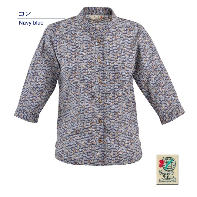 EM1186　レディース　＜青海波柄＞　マオカラー　七分袖