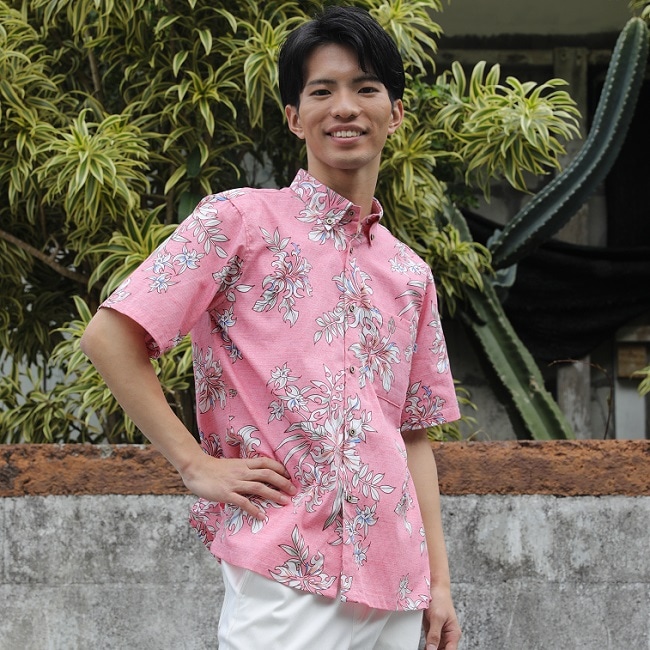 【数量わずか】OK1851B　メンズ　＜トライバルハイビ柄＞　ボタンダウン