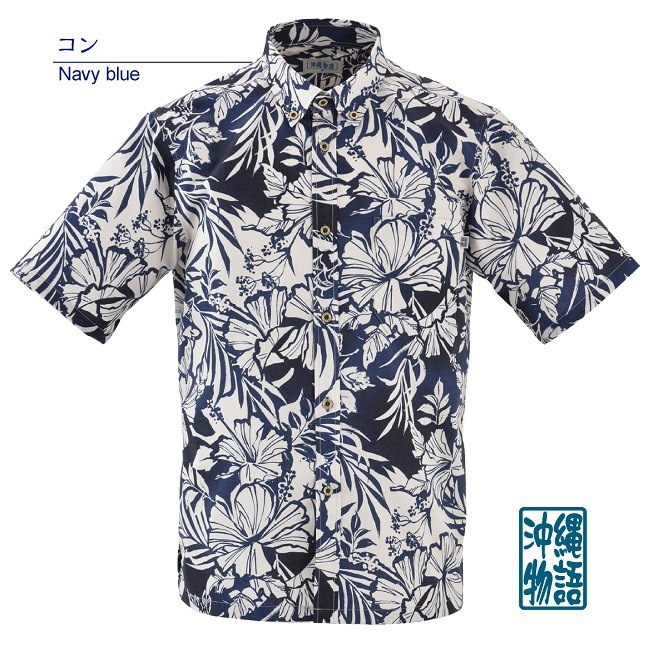 OK1852B　メンズ　＜ハイビシーサー柄＞　ボタンダウン