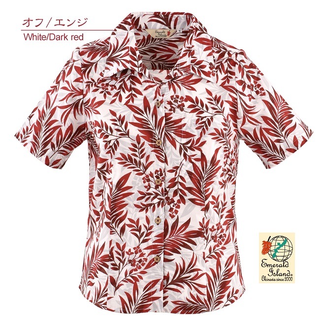 EM1196　レディース　＜リーフ・ブーゲン柄＞　スキッパー　半袖