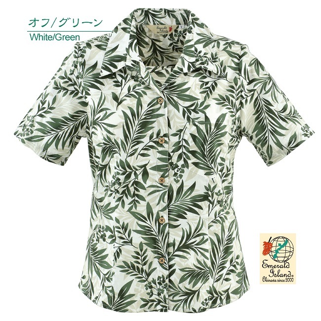 EM1196　レディース　＜リーフ・ブーゲン柄＞　スキッパー　半袖