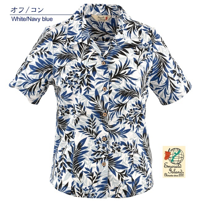 EM1196　レディース　＜リーフ・ブーゲン柄＞　スキッパー　半袖