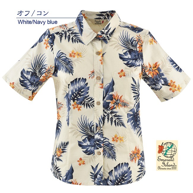 EM1197　レディース　＜デイゴ・モンステラ柄＞　シャツカラー　半袖