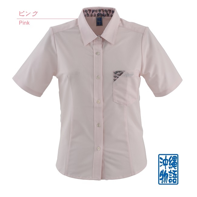 T1100　レディース　＜青海波柄使い＞　シャツカラー　半袖