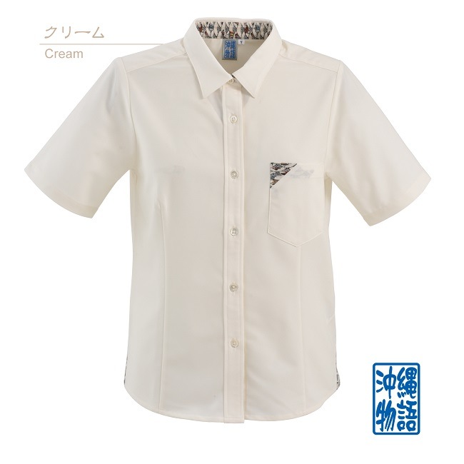 T1100　レディース　＜青海波柄使い＞　シャツカラー　半袖