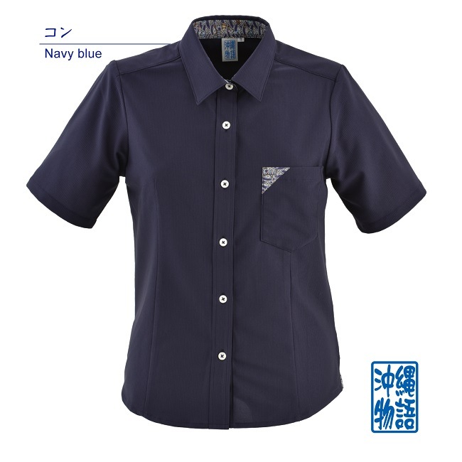 T1100　レディース　＜青海波柄使い＞　シャツカラー　半袖