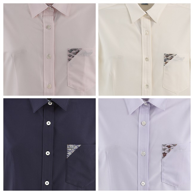 T1100　レディース　＜青海波柄使い＞　シャツカラー　半袖