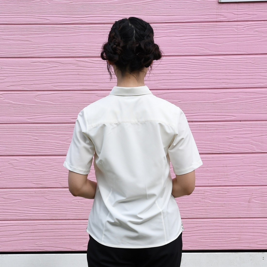 T1100　レディース　＜青海波柄使い＞　シャツカラー　半袖