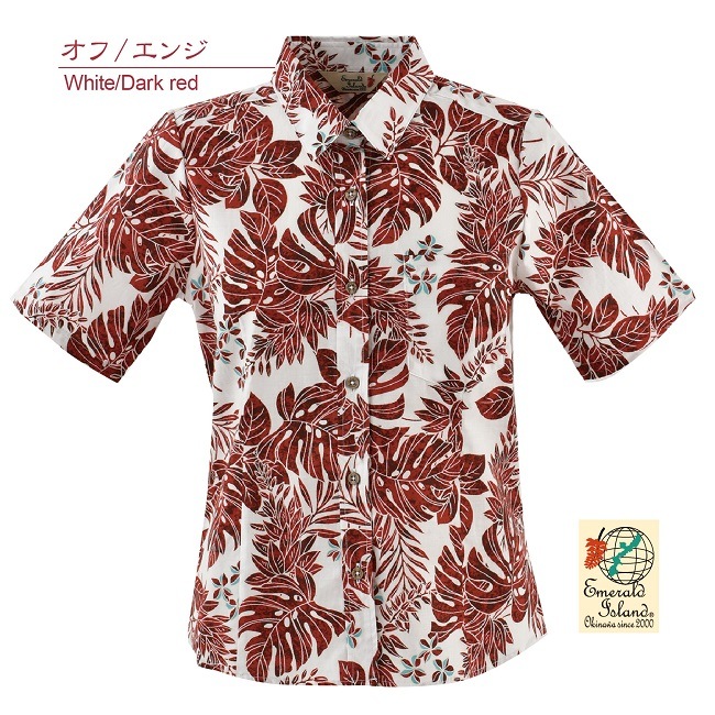 EM1199　レディース　＜デイゴ・モンステラ柄＞　シャツカラー　半袖