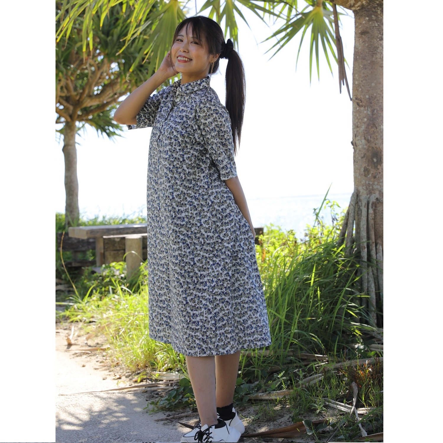 【再入荷】EM11503W　レディース　＜アダン柄＞　ワンピース