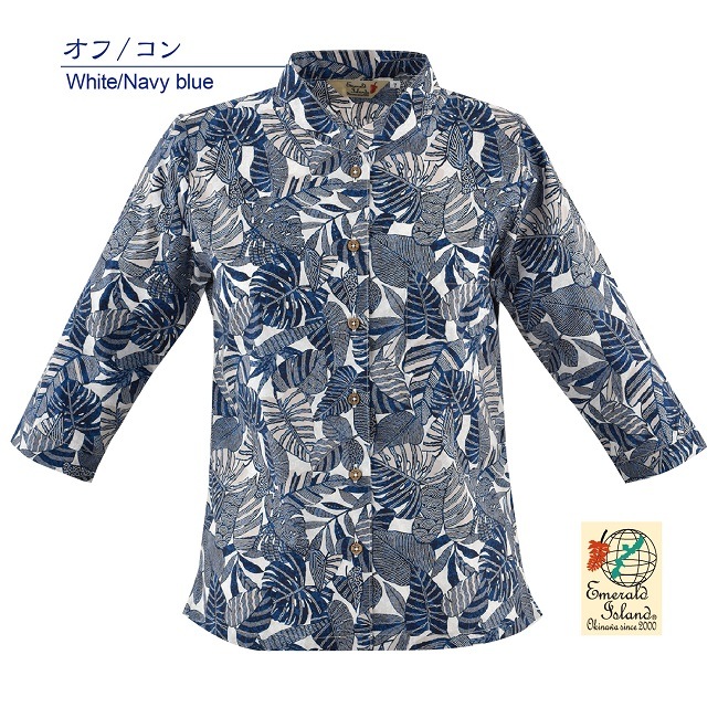 EM11500　レディース　＜沖縄リーフ柄＞　マオカラー　七分袖