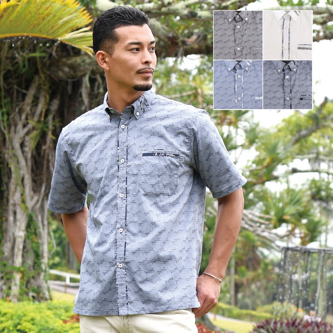 【数量わずか】OKJ1834B　メンズ　＜ブーゲントゥイ模様柄＞　ボタンダウン