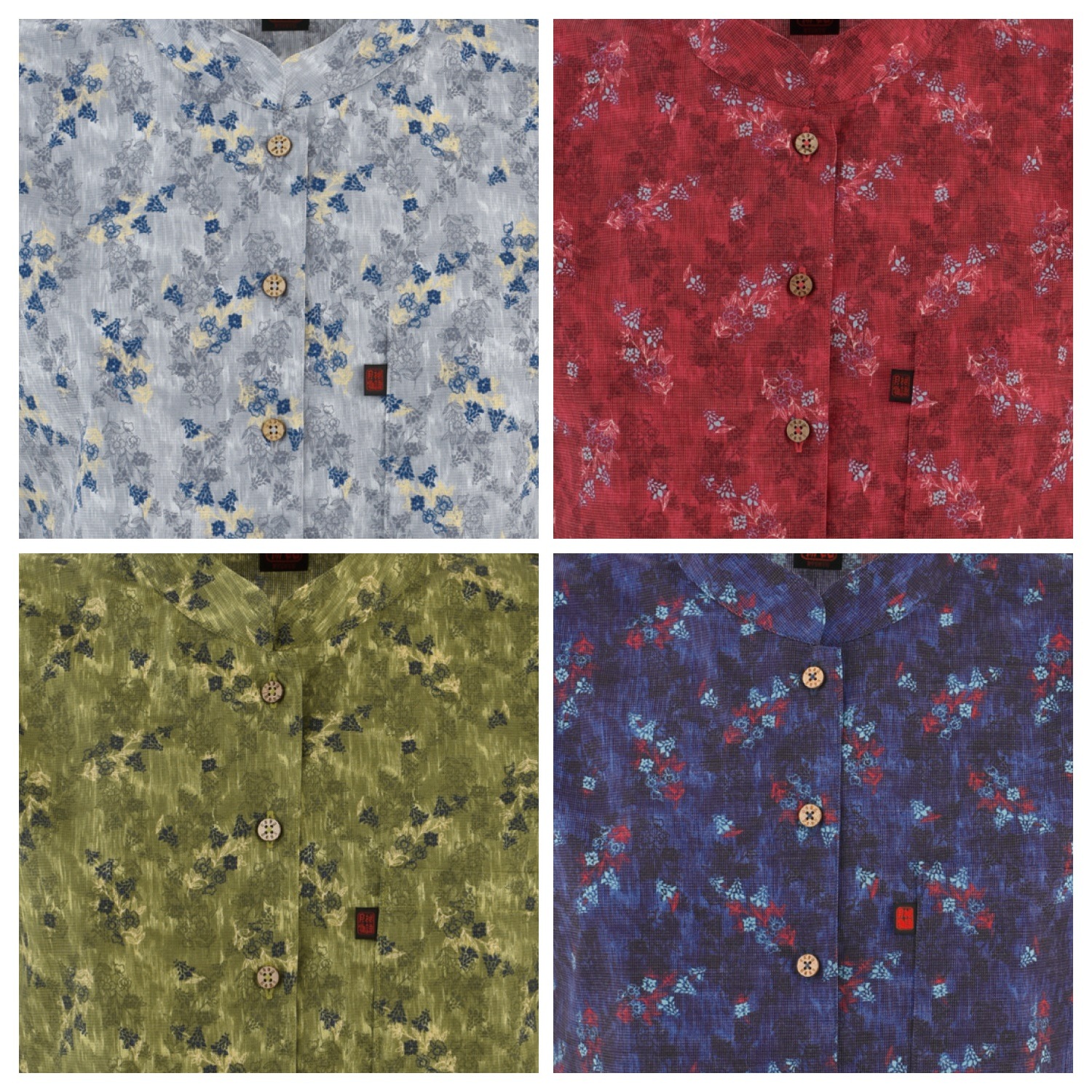 G1168　レディース　＜デイゴ小花柄＞  マオカラー 半袖