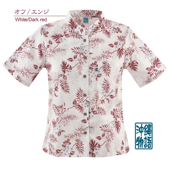 OK1154　レディース　＜デイゴ・プルメリア柄＞　マオカラー　半袖