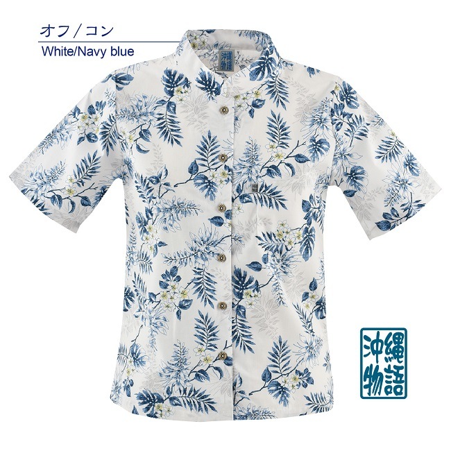 OK1154　レディース　＜デイゴ・プルメリア柄＞　マオカラー　半袖
