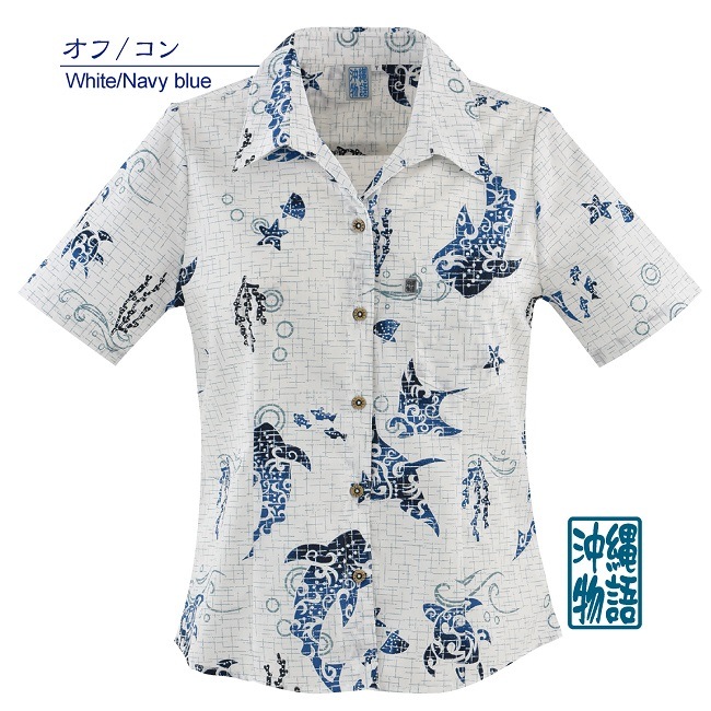 OK1155　レディース　＜海の生き物柄＞　スキッパー　半袖