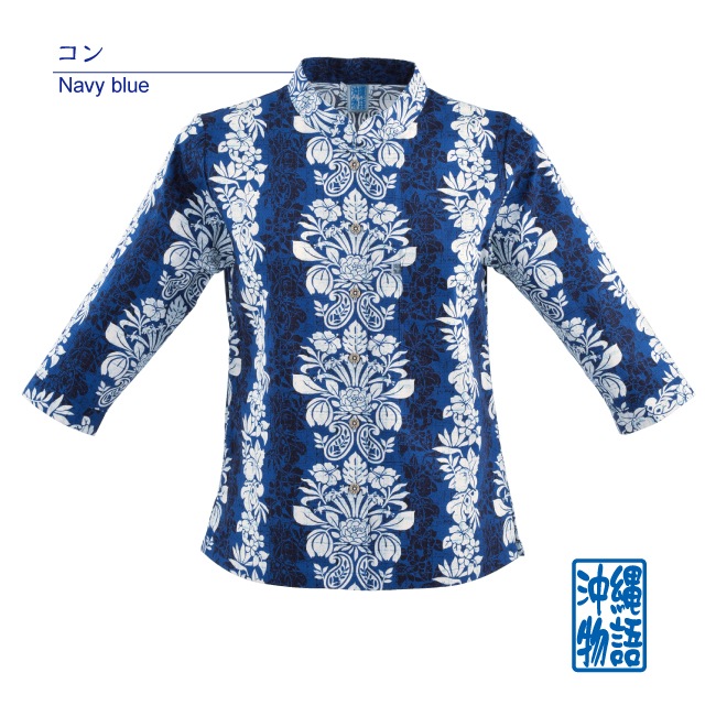 OK1127　レディース　＜リーフストライプ柄＞　マオカラー七分袖