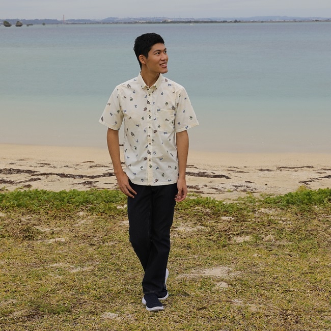 数量わずか】OK1846B メンズ ＜ハーリーシーサー柄＞ ボタン