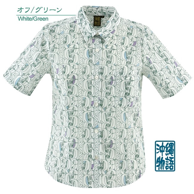 OK1165　レディース　＜ハタタテダイ柄＞　シャツカラー　半袖