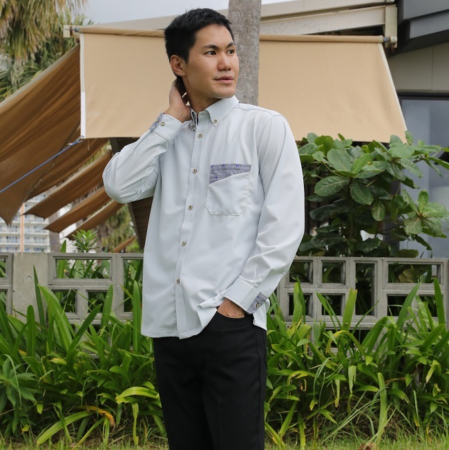 T1902 メンズ ＜芭蕉紋様柄使い＞ ボタンダウン 長袖通販