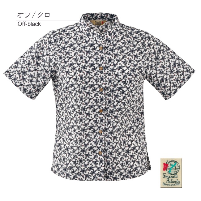 EM1173　レディース　＜ハイビ小花柄＞　マオカラー半袖