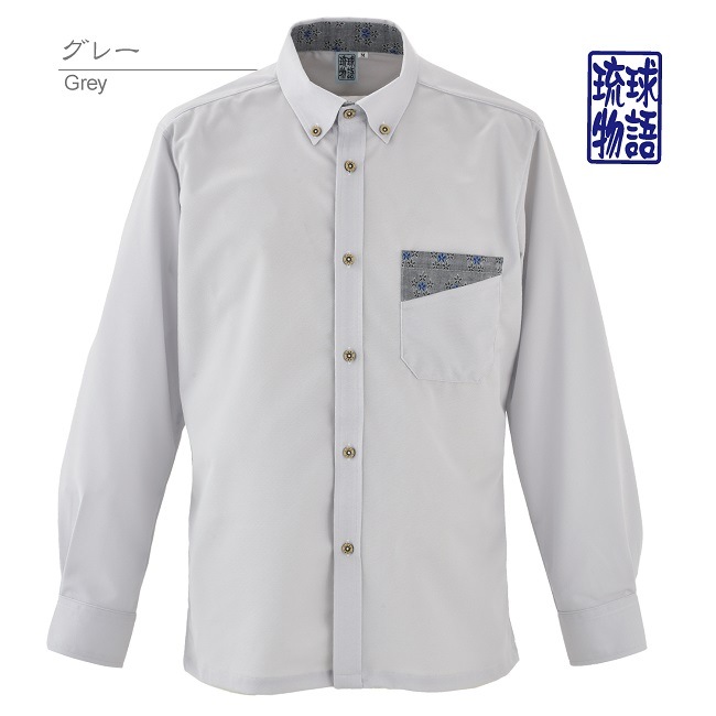 T1902B　メンズ　＜芭蕉紋様柄使い＞　ボタンダウン　長袖