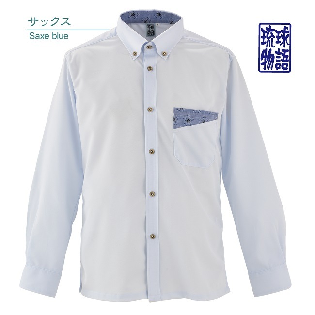 T1902B　メンズ　＜芭蕉紋様柄使い＞　ボタンダウン　長袖