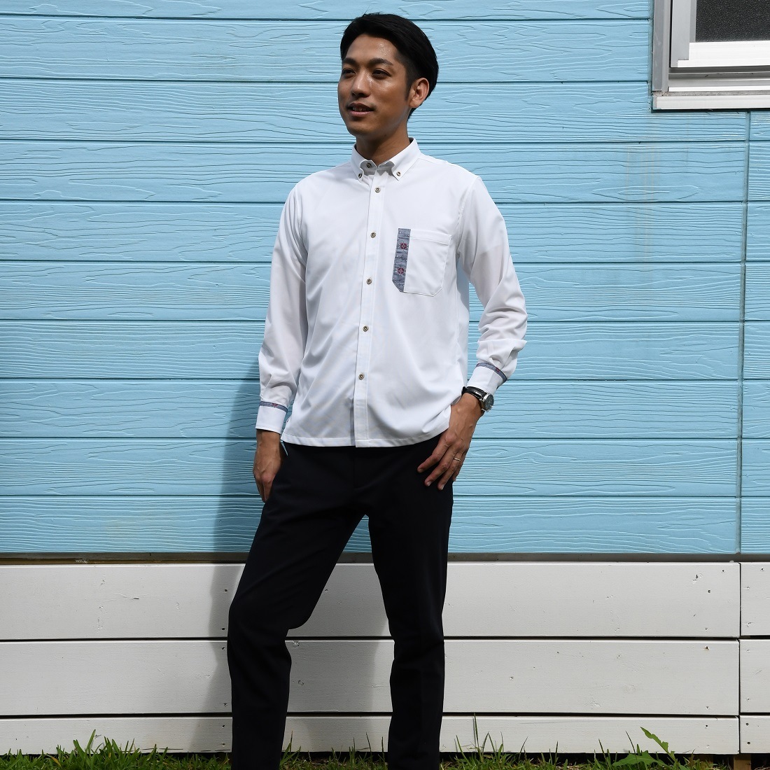 T1901　メンズ　＜七宝紋様柄使い＞　ボタンダウン　長袖