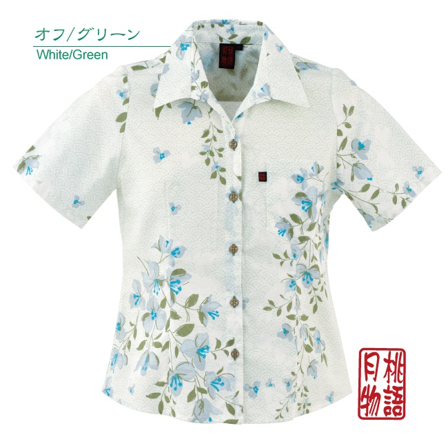 G1158　レディース　＜ブーゲンビリア柄＞　スキッパー　半袖