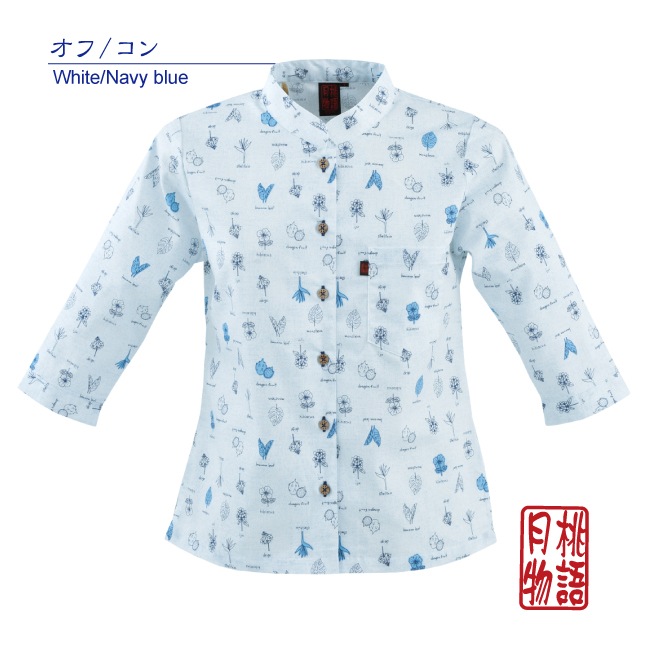 G1157　レディース　＜沖縄の植物柄＞　マオカラー　七分袖