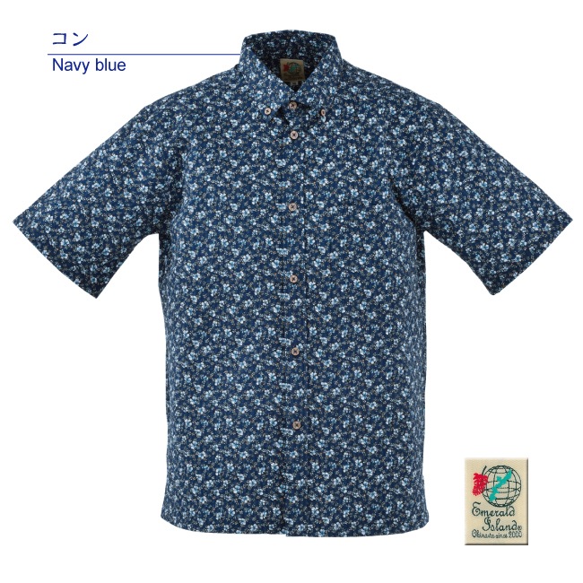 EM1876　メンズ　＜ハイビ小花柄＞　ボタンダウン　リップル加工