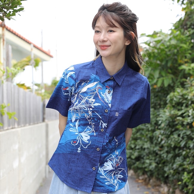 OK1144　レディース　＜ハイビパネル柄＞　シャツカラー半袖