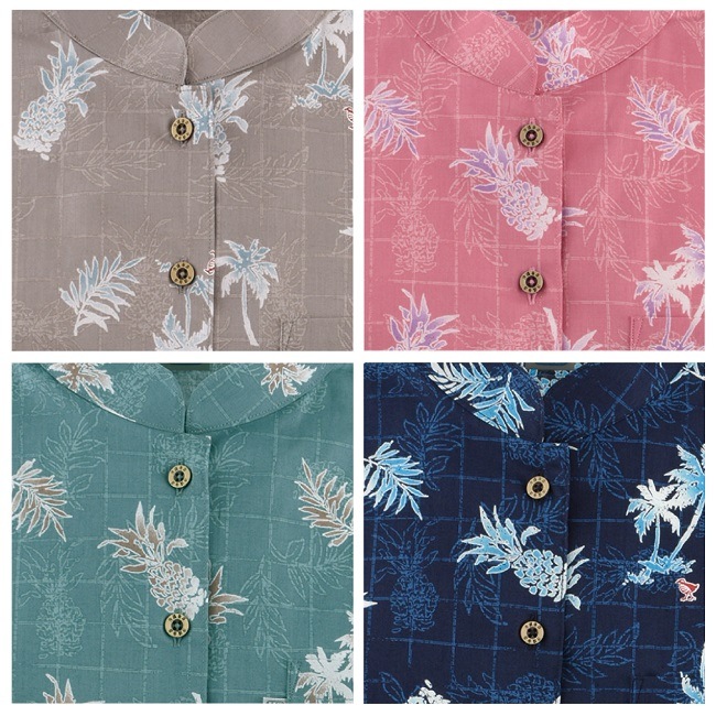 OK1145　レディース　＜ヤシパイン柄＞　マオカラー半袖