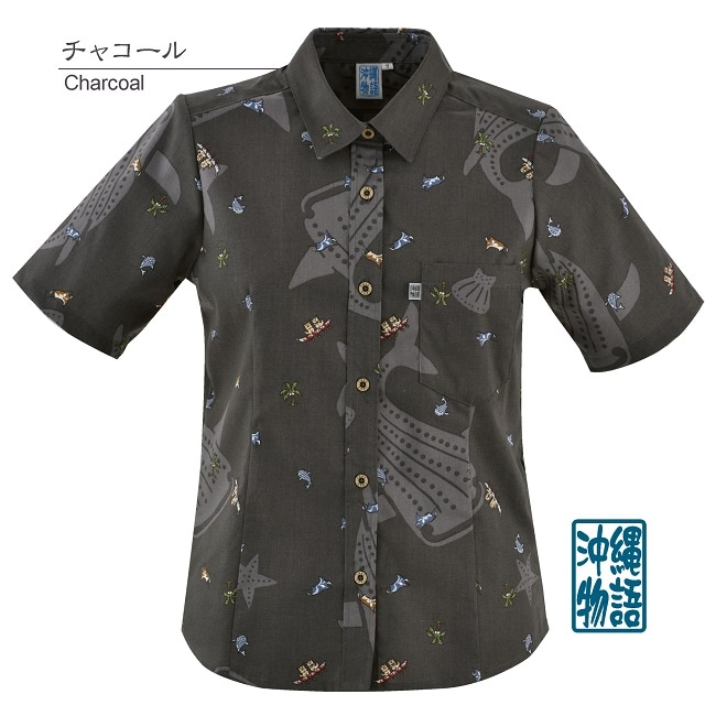 OK1146　レディース　＜ハーリーシーサー柄＞　シャツカラー半袖