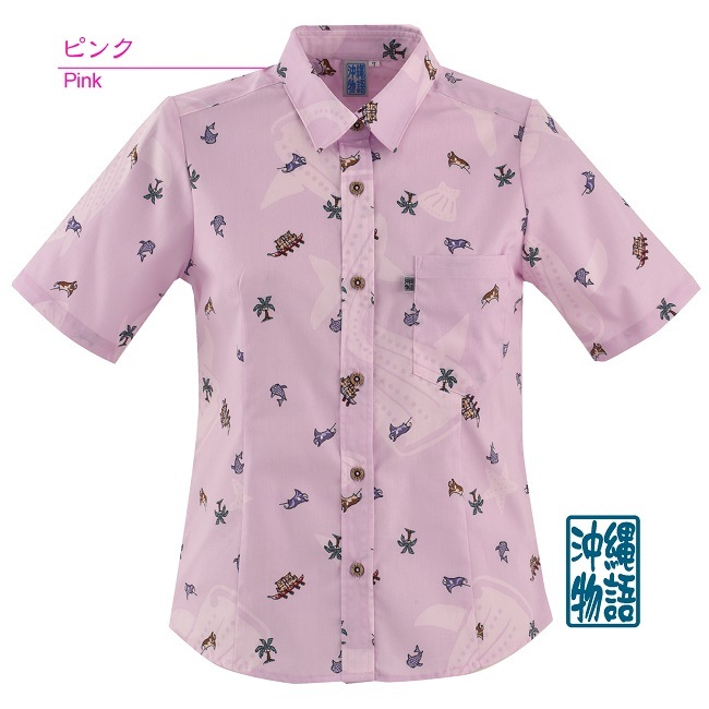 OK1146　レディース　＜ハーリーシーサー柄＞　シャツカラー半袖