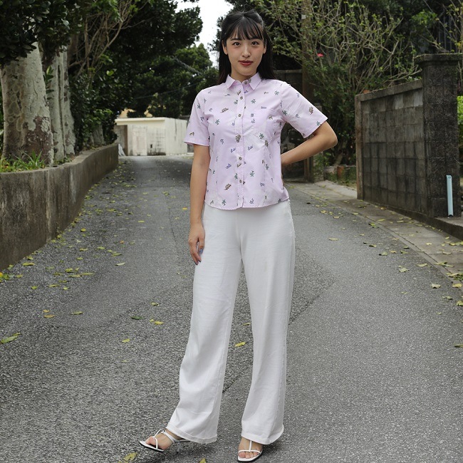 OK1146　レディース　＜ハーリーシーサー柄＞　シャツカラー半袖