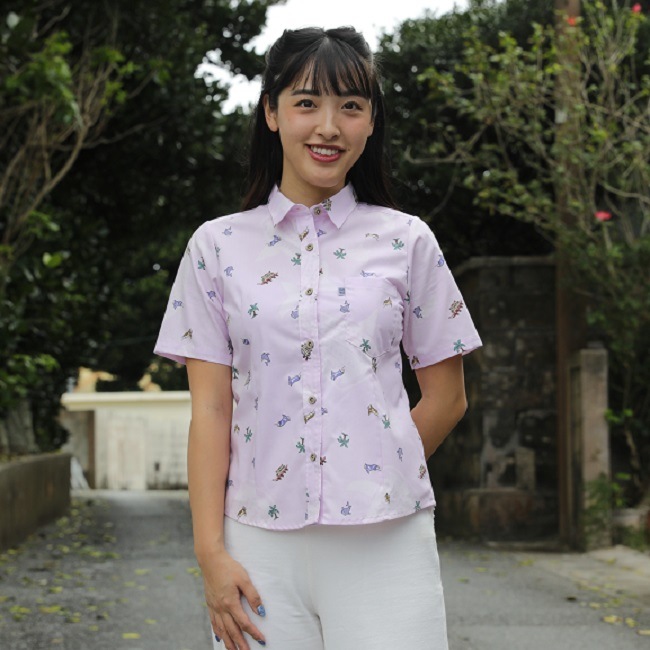 OK1146　レディース　＜ハーリーシーサー柄＞　シャツカラー半袖