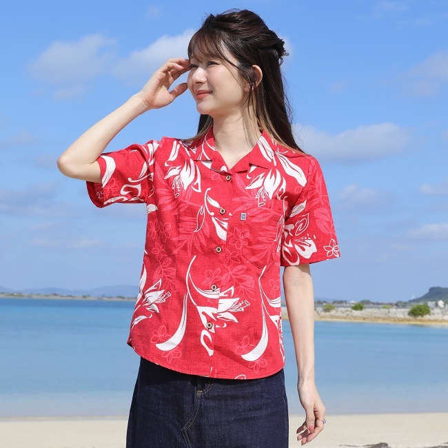 OK1147　レディース　＜テッポウユリ柄＞　開襟半袖