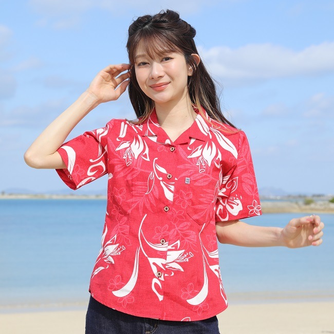 OK1147　レディース　＜テッポウユリ柄＞　開襟半袖