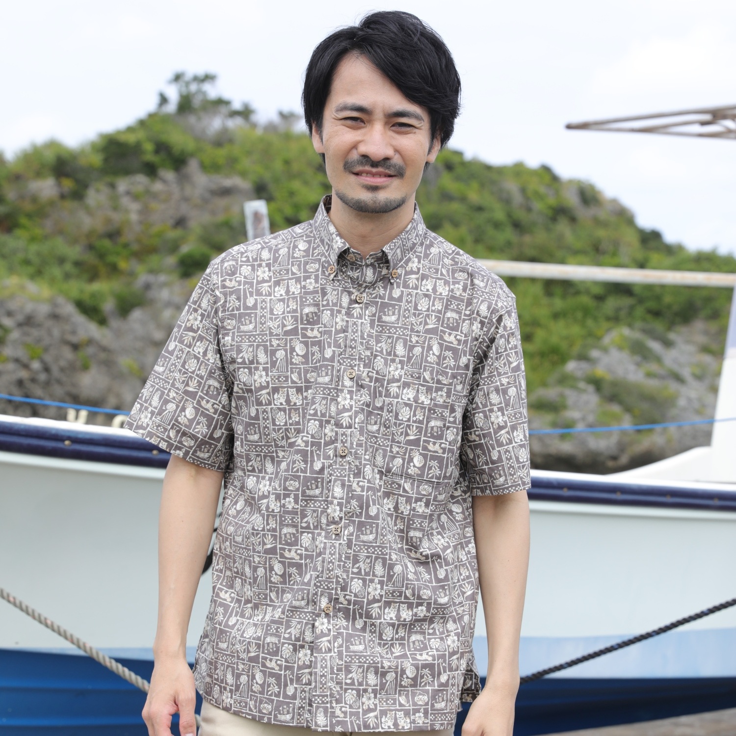 EM1891　メンズ　＜パッチワーク柄＞　ボタンダウン　半袖