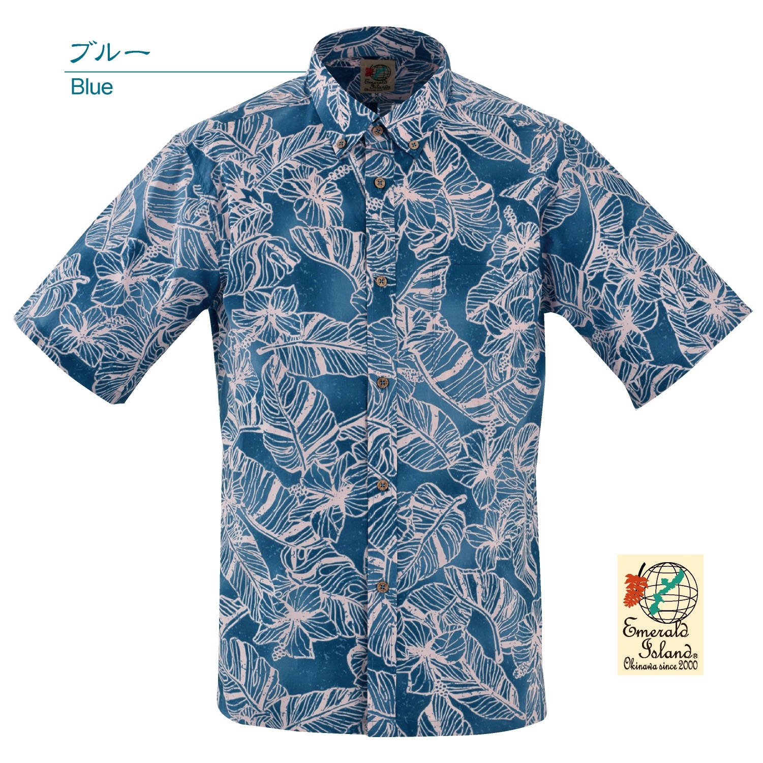 EM1889B　メンズ　＜ハイビモンステラ柄＞　ボタンダウン　半袖