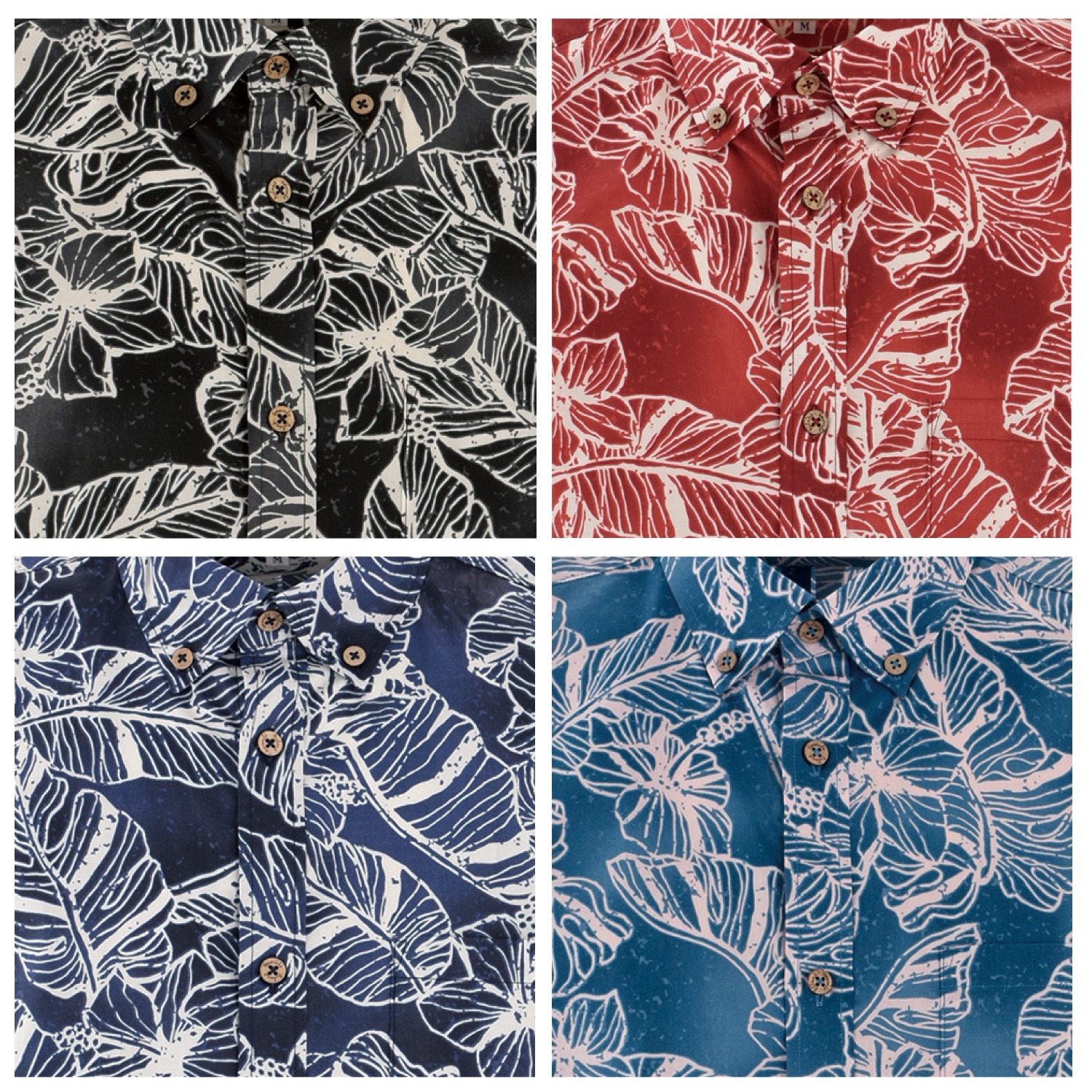 EM1889B　メンズ　＜ハイビモンステラ柄＞　ボタンダウン　半袖