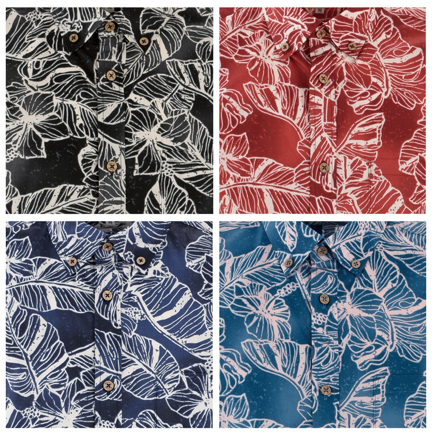 EM1889　メンズ　＜ハイビモンステラ柄＞　ボタンダウン　半袖