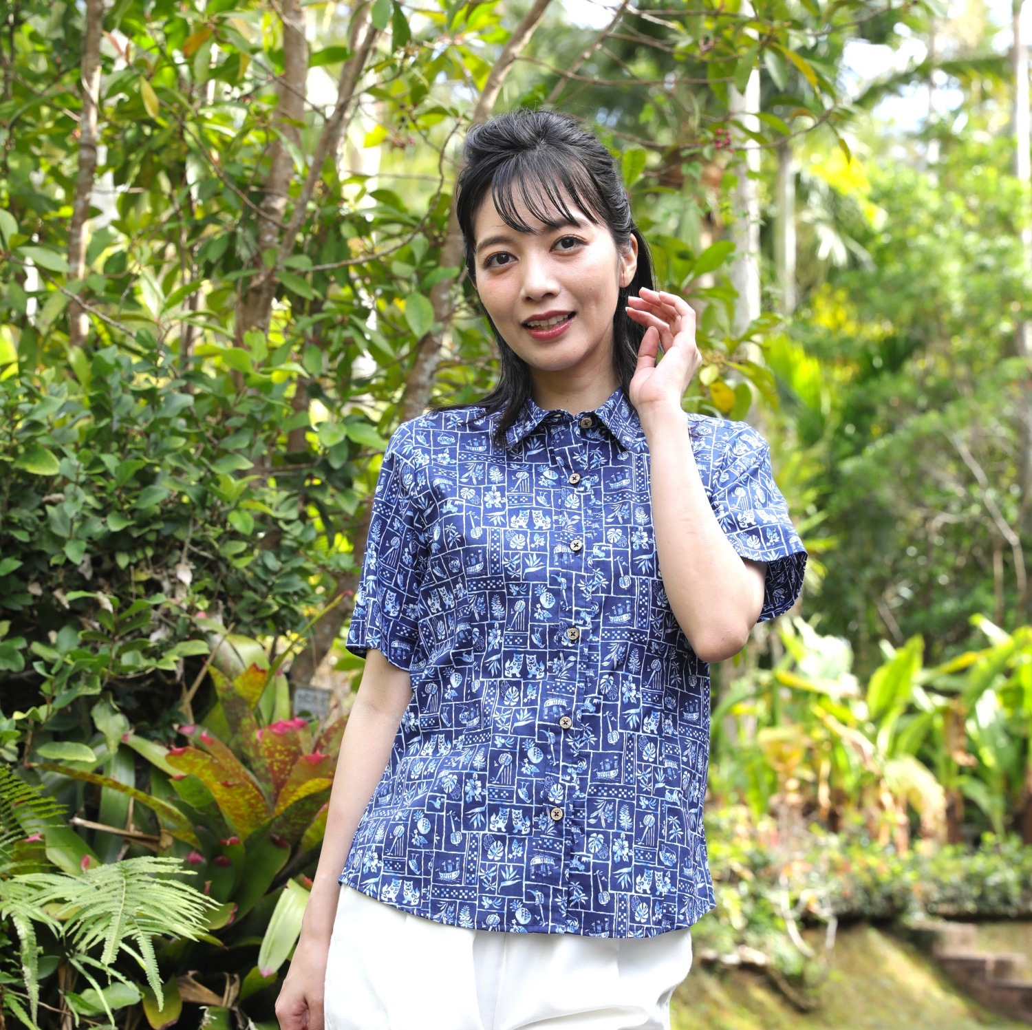 EM1191 レディース ＜パッチワーク柄＞ シャツカラー半袖通販