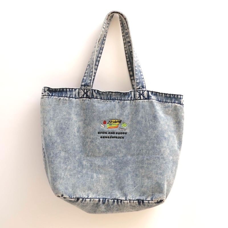 刺繍デニムバック No.591 大きなデニムバック 刺繍バック スマイル