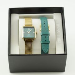 LEONOR レオノール ベルトセット レディース 腕時計 クオーツ 金属ベルト 革ベルト スクエア ゴールド グリーン 文字盤