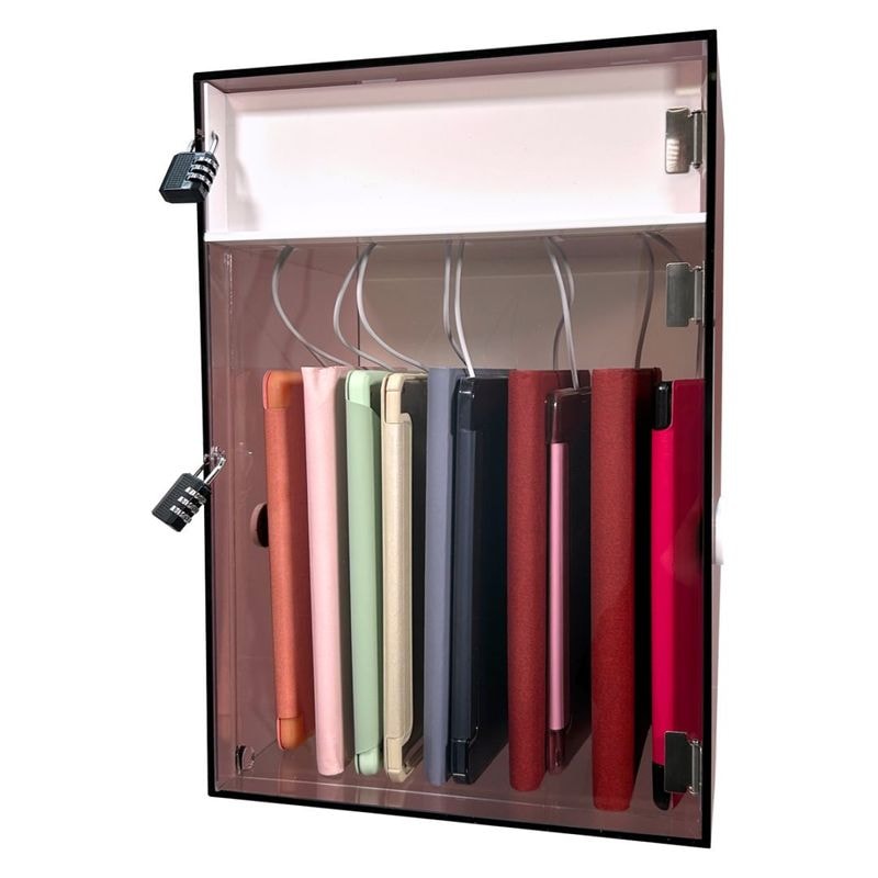 タブレット充電ポート保管用ロッカー 10台用 ダイヤル錠付 (縦型) 充電ステーション10ポート 充電スタンド ブラウンスモーク上扉白　【上ポート式・ほこりから守る】　 ipad Kindle