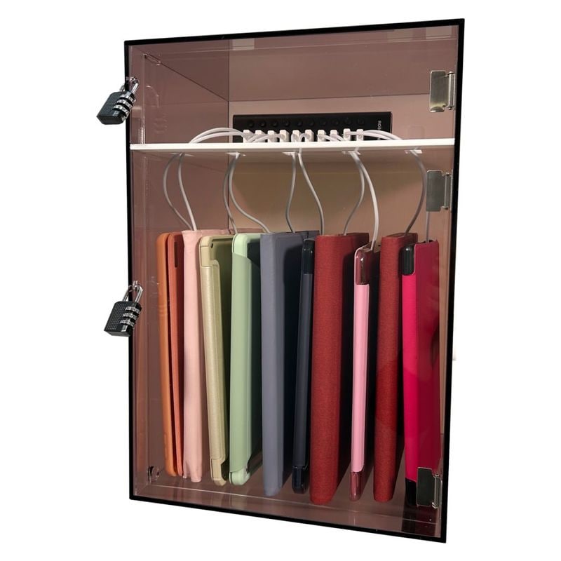 タブレット充電ポート保管用ロッカー 10台用 ダイヤル錠付 (縦型) 充電ステーション10ポート 充電スタンド ブラウンスモーク扉上下透明　【上ポート式・ほこりから守る】　 ipad Kindle