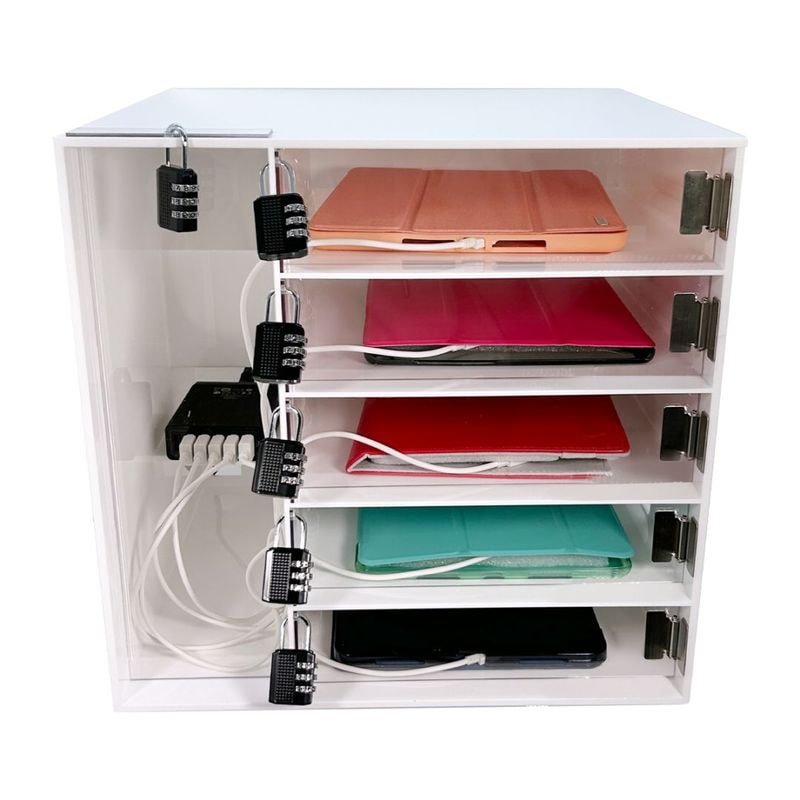 個室型 5台用 タブレット充電ポート保管用ロッカー ダイヤル錠付  充電ステーション5ポート 充電スタンド 白・扉透明　【脇ポート式・ほこりから守る】　 ipad Kindle