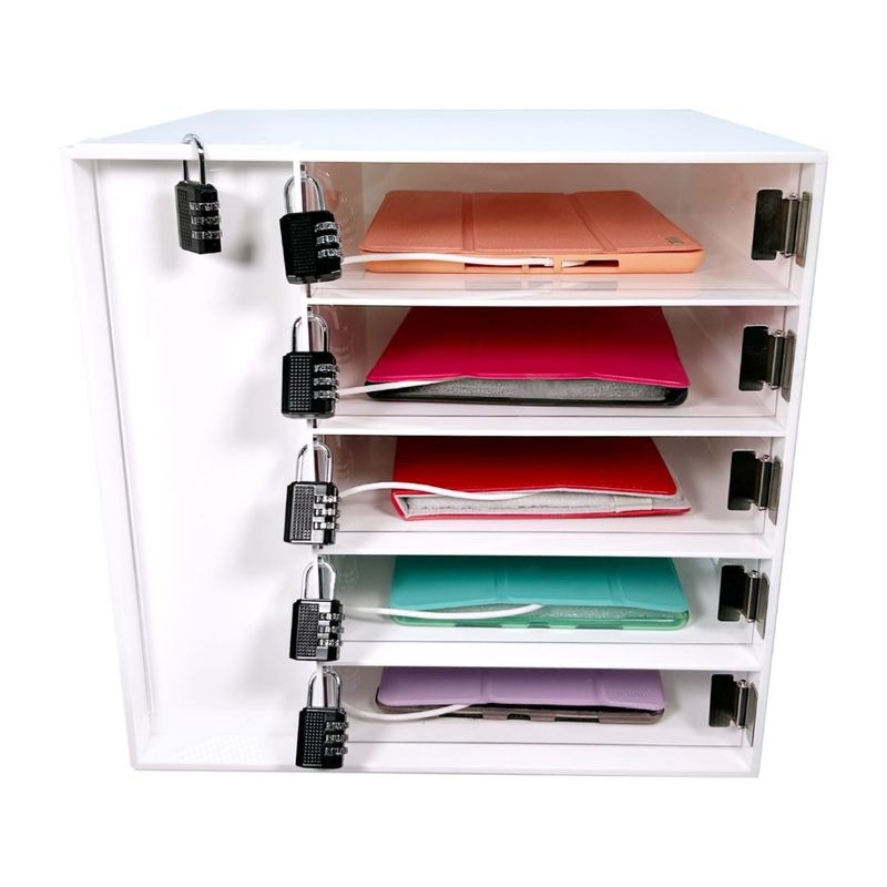 個室型 5台用 タブレット充電ポート保管用ロッカー ダイヤル錠付  充電ステーション5ポート 充電スタンド 白・扉白　【脇ポート式・ほこりから守る】　 ipad Kindle